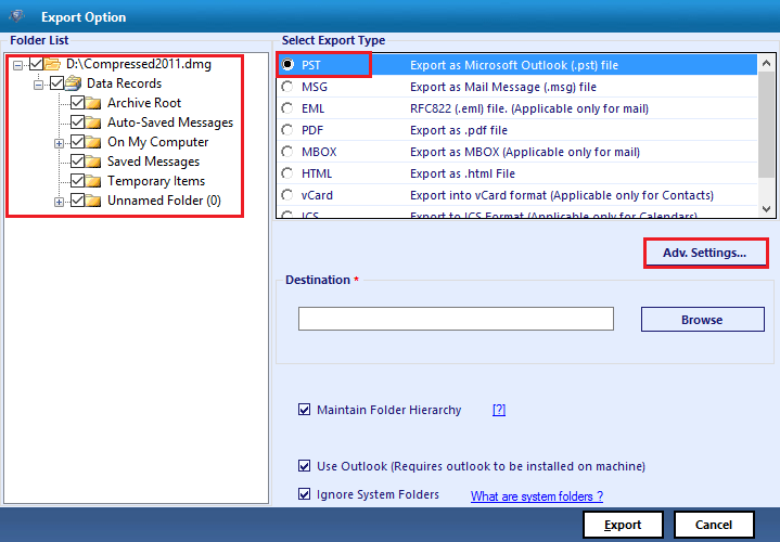 select export option